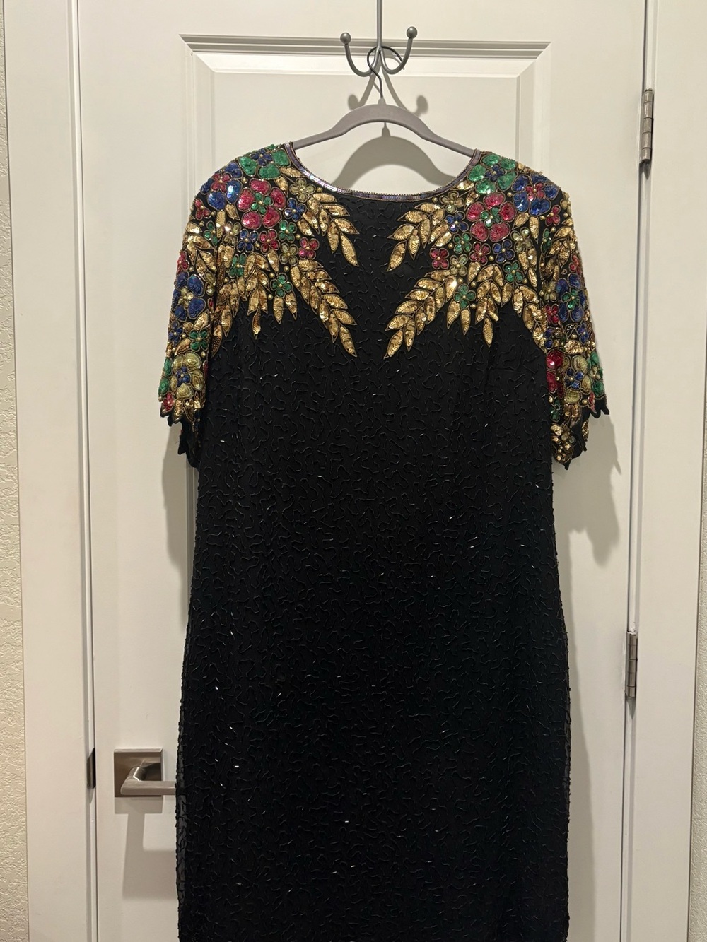80’s Embellished Black Cocktail Dress with Multicolor Beaded Shoulders